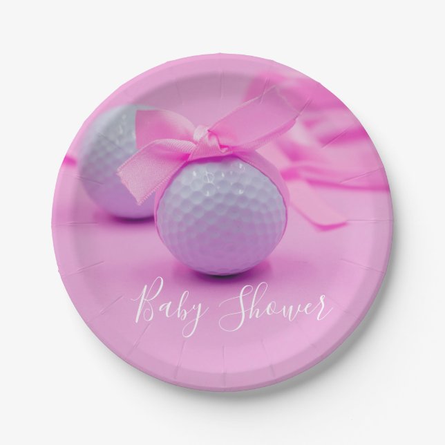 Golf Baby Dusche Baby Mädchen mit rosa Band Pappteller (Vorderseite)