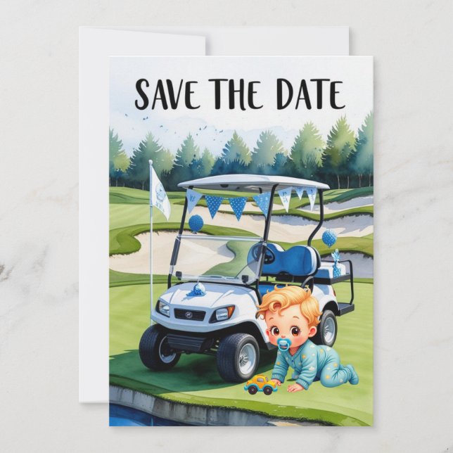 Golf Baby Dusche für Jungen mit Golfwagen auf Grün Einladung (Vorderseite)