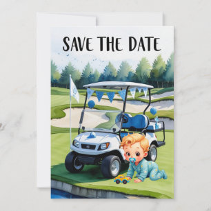 Golf Baby Dusche für Jungen mit Golfwagen auf Grün Einladung