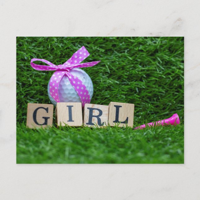 Golf Baby Dusche Mädchen mit rosa Band und Krone Postkarte (Vorderseite)