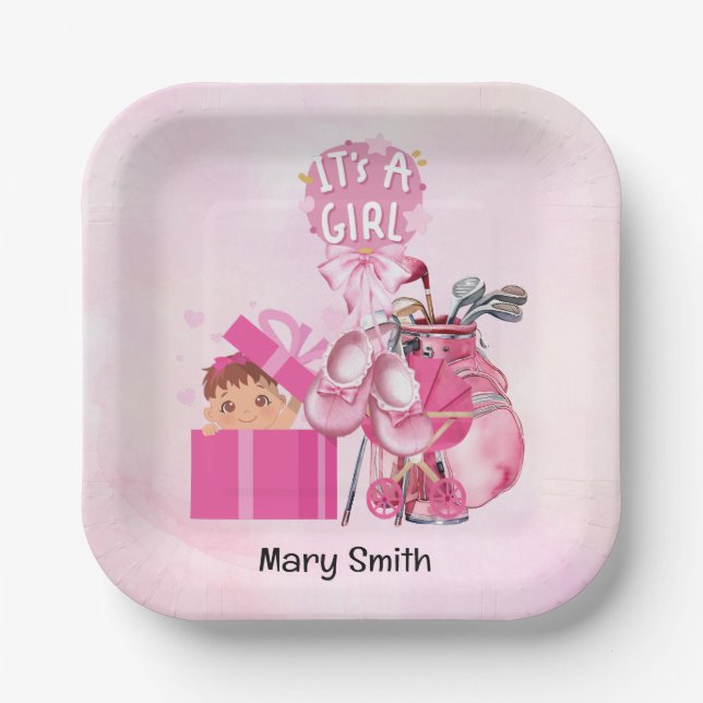 Golf Baby Girl Babydusche in rosa Thema Pappteller (Vorderseite)