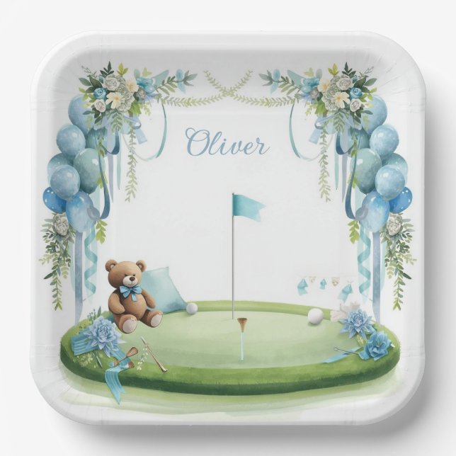 Golf-Baby-Junge auf Putting-Green  Pappteller (Vorderseite)