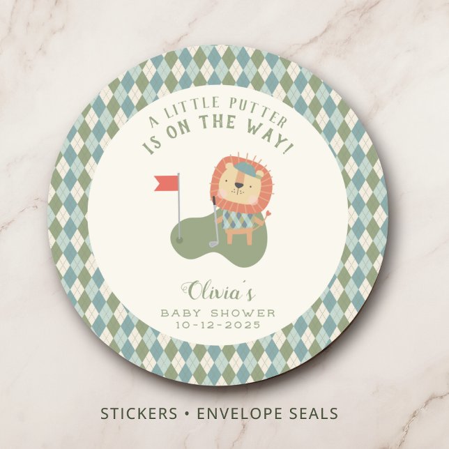 Golf-Baby-Party Ein Kleiner Putter Elegant Argyle Runder Aufkleber (Cute lion golfer sticker for golf baby showers and favors.
)