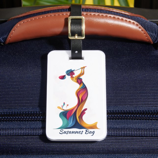 Golf Bag Tag, Lady Silhouette, bunt, elegant Gepäckanhänger (Vorderseite Insitu 2)