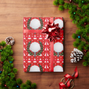 Golf Ball auf rotem Weihnachtsbaum Geschenkpapier