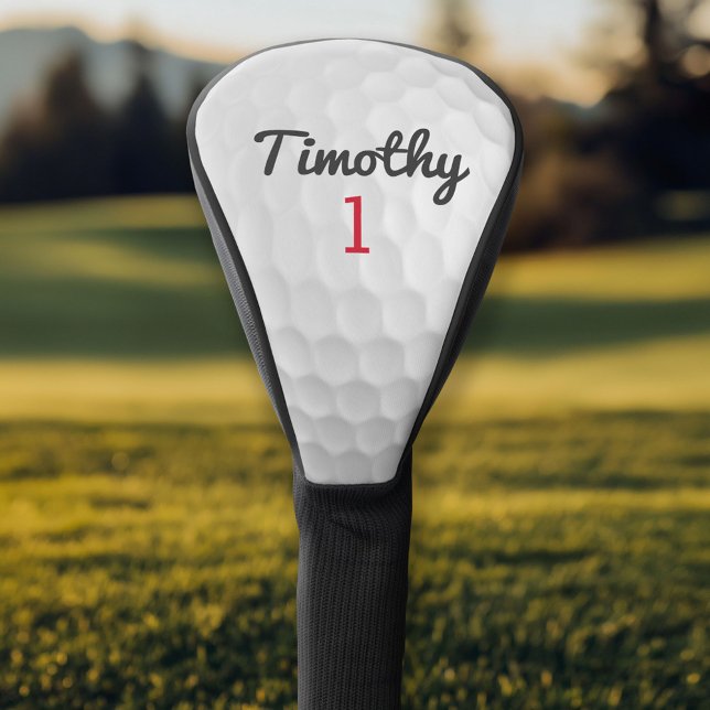 Golf Ball Dimples - Schwarzer Name - Red Number Headcover (Personalized Golf Head Cover)