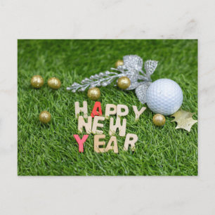 Golf Ball Happy Neues Jahr mit silbernen Blätter Postkarte