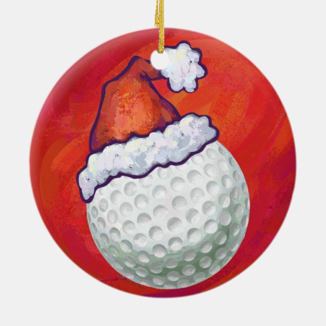 Golf Ball in Weihnachtsmannmütze Keramikornament (Hinten)
