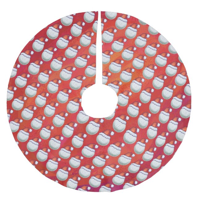 Golf Ball in Weihnachtsmannmütze Muster auf Rot Polyester Weihnachtsbaumdecke (Vorderseite)