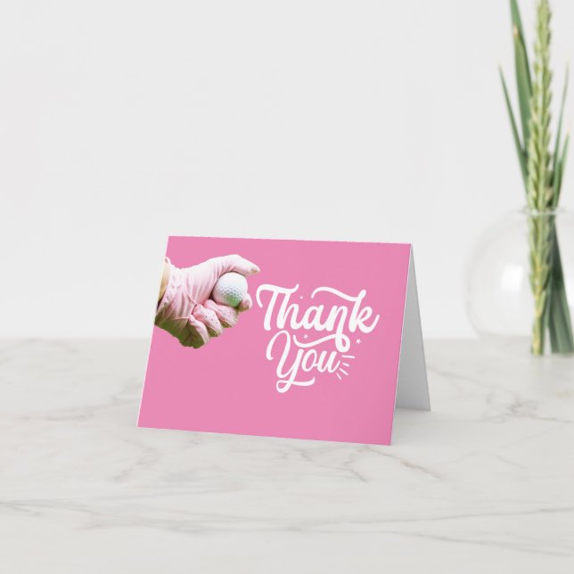 Golf Ball ist in Dame Golfer Hand auf rosa Dankeskarte (Vorderseite)