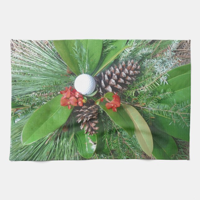 Golf Ball Kiefernzapfen und Evergreens Weihnachten Geschirrtuch (Horizontal)