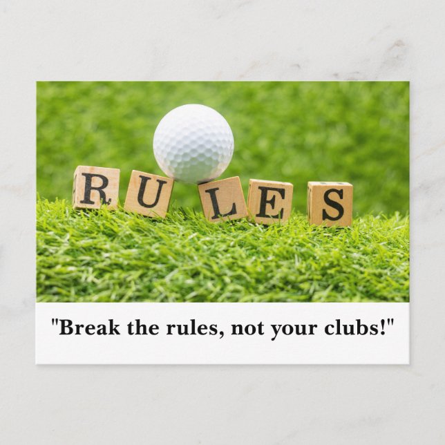 Golf Ball mit RULES lustiges Sprichwort für Golfer Postkarte (Vorderseite)