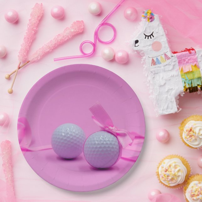 Golf Ball rosa Bändchen Babydusche Mädchen / Gebur Pappteller (Party)