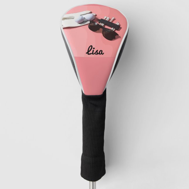 Golf Ball Tee und Sonnenbrille auf rosa Pastellfar Golf Headcover (Vorderseite)