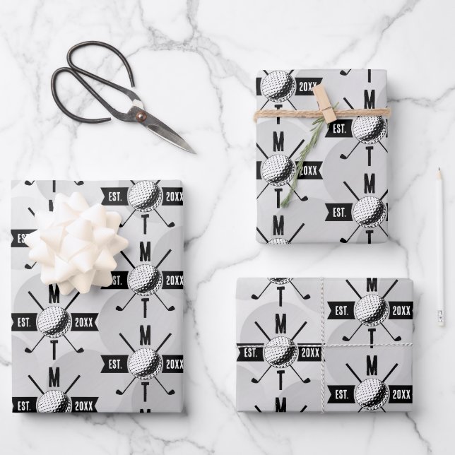 Golf Ball Texture & Club Initial Monogram Geschenkpapier Set (Vorderseite)