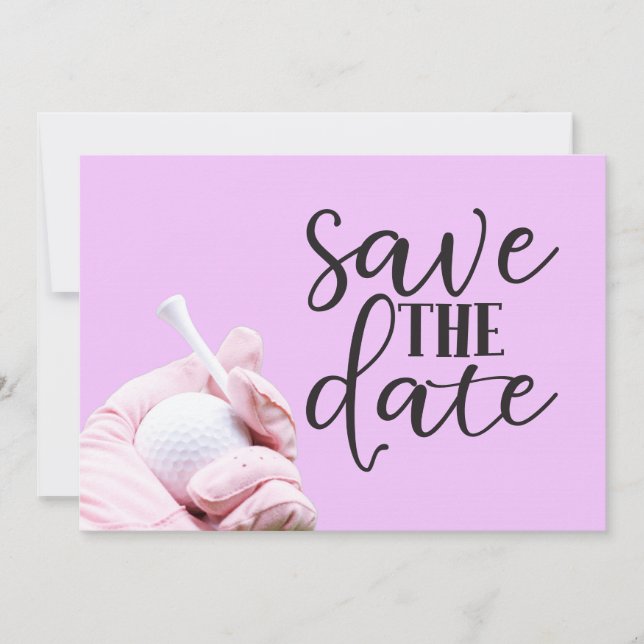 Golf Ball und rosa Handschuh auf rosa für Dame Save The Date (Vorderseite)
