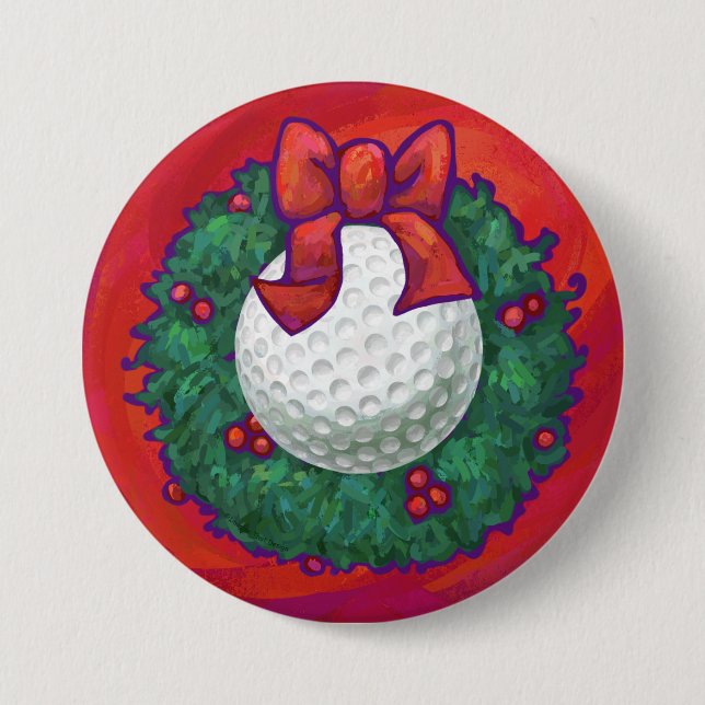 Golf Ball Weihnachtskranz auf Rot Button (Vorderseite)