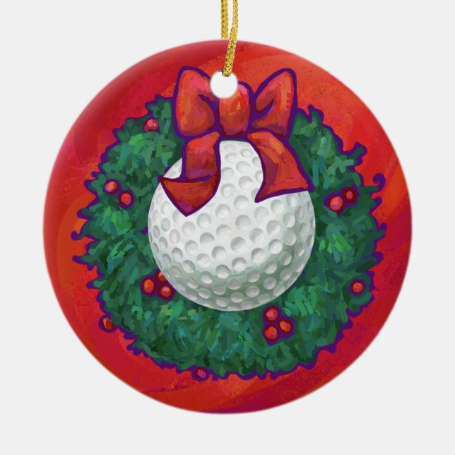 Golf Ball Weihnachtskranz auf Rot Keramikornament (Vorne)