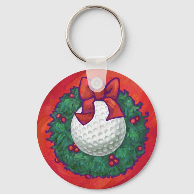 Golf Ball Weihnachtskranz auf Rot Schlüsselanhänger (Vorderseite)