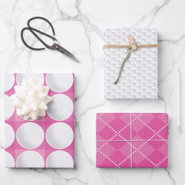 Golf Balls Pink Preppy Ladys Golfing Kariert Spaß Geschenkpapier Set (Vorderseite)