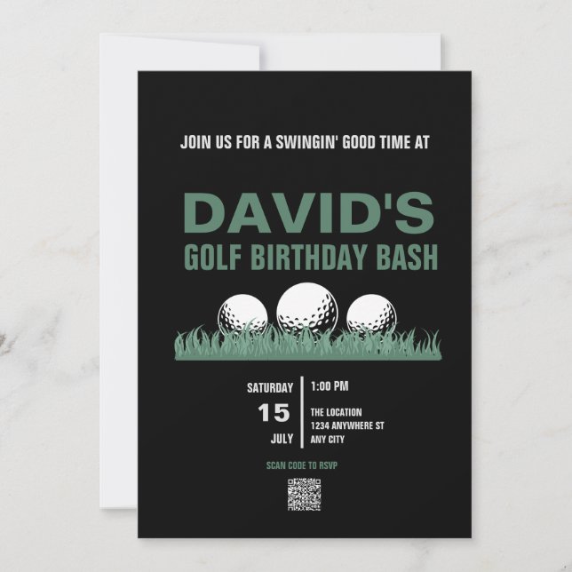 Golf Birthday Einladungen mit QR-Code (Vorderseite)