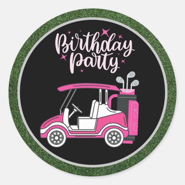 Golf Birthday Party mit rosa Karren für Frauen Runder Aufkleber (Vorderseite)