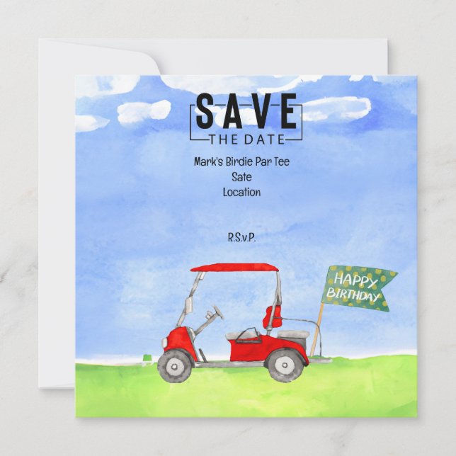Golf Birthday Save the Date mit Golf Cart Einladung (Vorderseite)