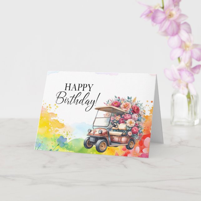 Golf Birthday to Golfer mit Golfwagen Aquarell Karte (Orchidee)