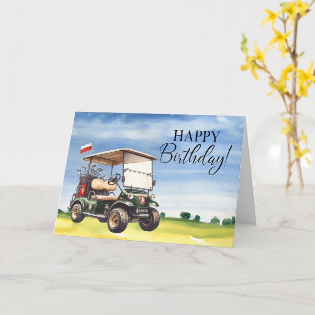 Golf Birthday to Golfer mit Golfwagen Aquarell Karte (Gelbe Blume)