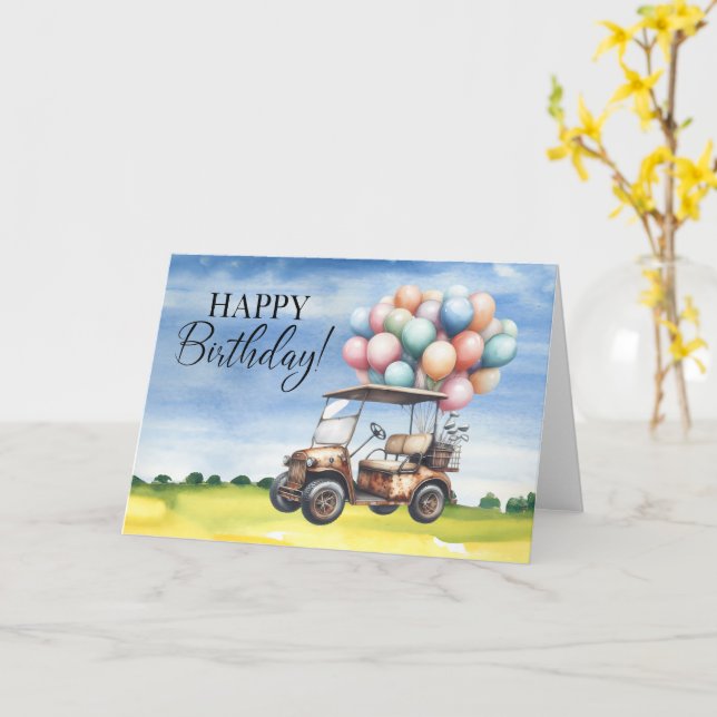 Golf Birthday to Golfer mit Golfwagen Aquarell Karte (Gelbe Blume)