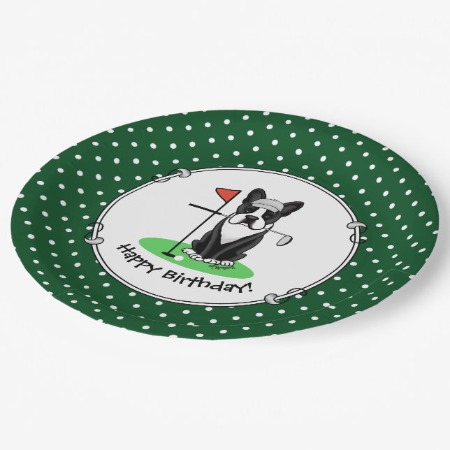 Golf Boston Terrier (schwarzer) Niedlicher Hund Pappteller (Schrägansicht)