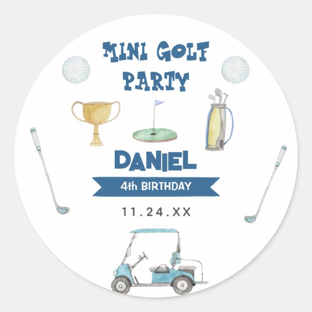 Golf Boy Birthday Party Runder Aufkleber (Vorderseite)