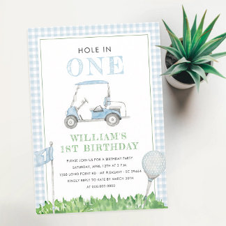 Golf Boy Geburtstag Blau Gingham Einladung