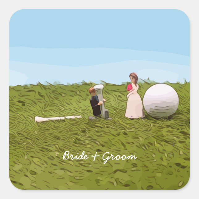 Golf Braun und Bräutigam mit Golf Ball Tee Hochzei Quadratischer Aufkleber (Vorderseite)