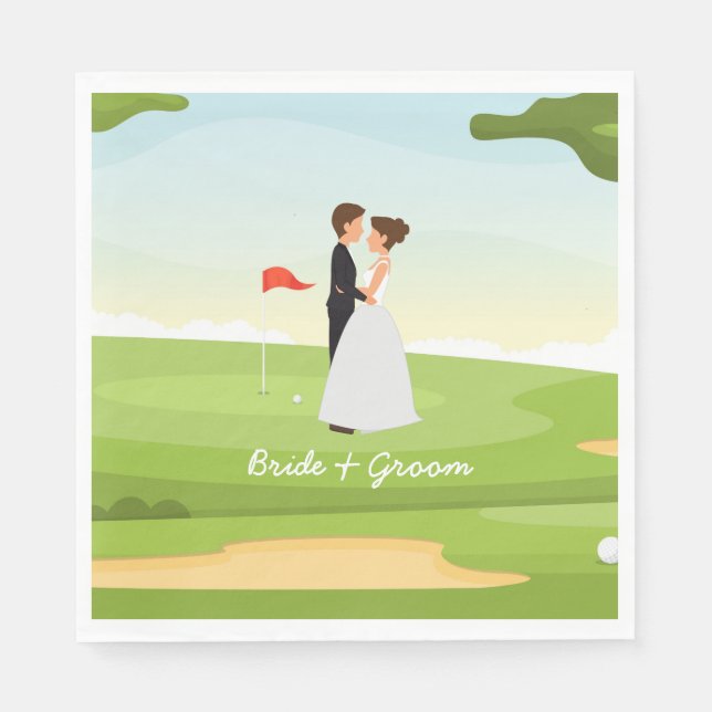Golf Braun und Bräutigam mit Golf Ball Tee Hochzei Serviette (Vorderseite)