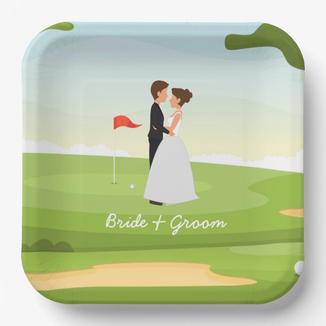 Golf Braun und Bräutigam mit Golf Ball tee Wedding Pappteller (Vorderseite)