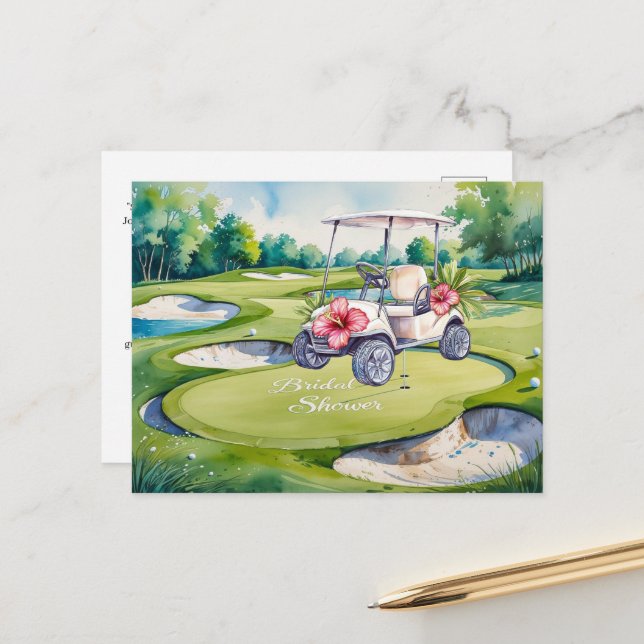 Golf Brautparty mit Golfwagen für Bride Golfer Postkarte (Vorderseite/Rückseite Beispiel)