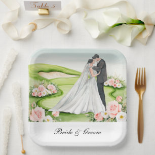 Golf Bride and Groom on Golf Course Wedding Pappteller