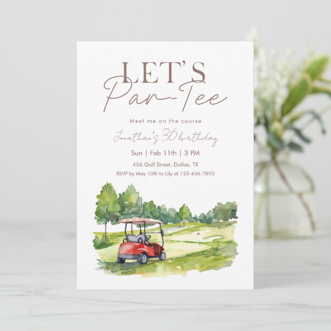 Golf Cart Birthday Party Meet Me on the Course Einladung (Stehend Vorderseite)