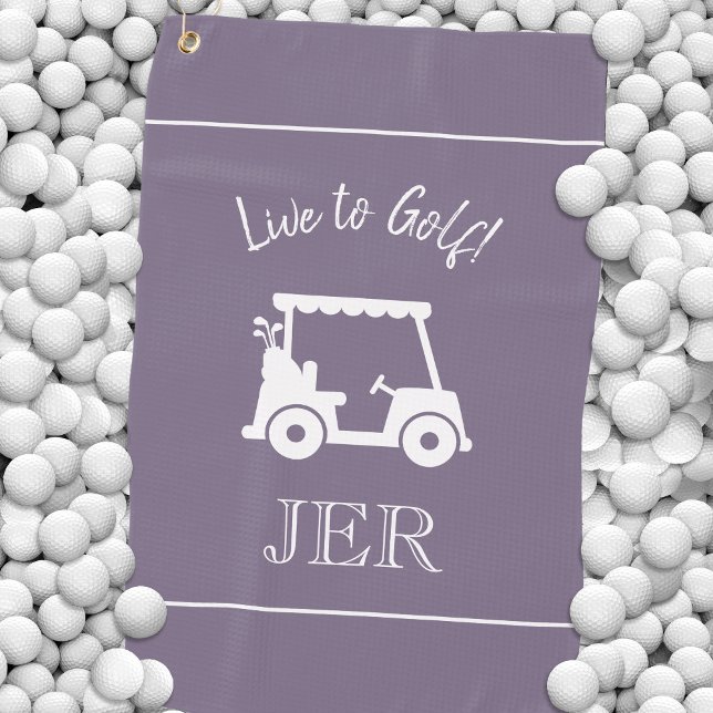 Golf Cart Live to Golf Mit Monogramm Chic Lila Golfhandtuch (Golf Cart Live to Golf Monogrammed Chic Purple Golf Towel)