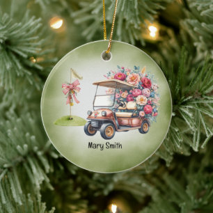 Golf Cart mit Golf Flag Keramik Ornament