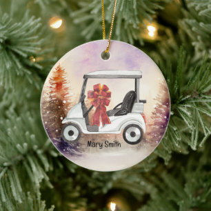Golf Cart mit rotem Bändchen Keramik Ornament