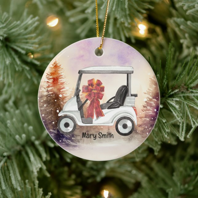 Golf Cart mit rotem Bändchen Keramik Ornament (Baum)