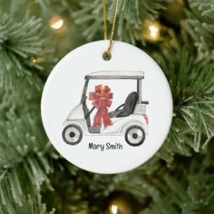 Golf Cart mit rotem Bändchen Keramik Ornament
