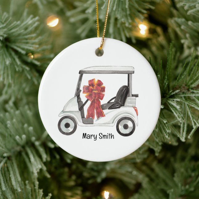 Golf Cart mit rotem Bändchen Keramik Ornament (Baum)
