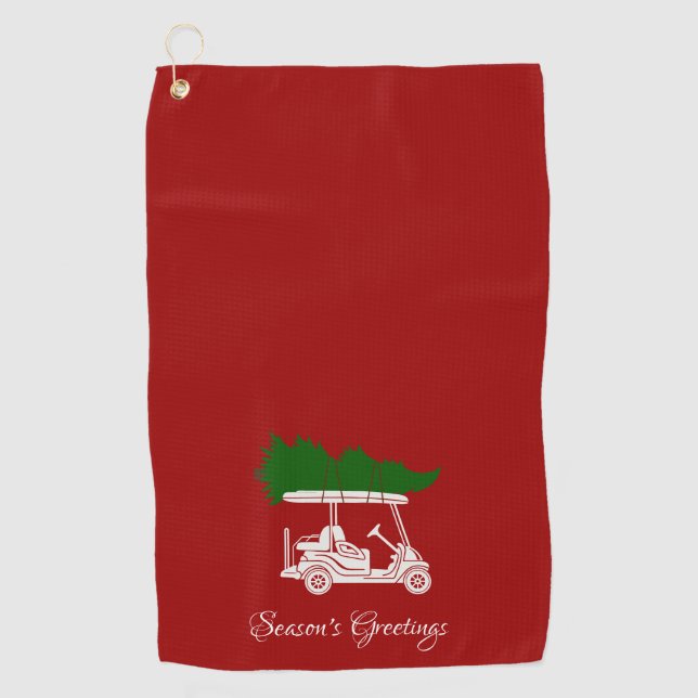 Golf Cart mit Weihnachtsbaum | Crimson Red Golfhandtuch (Vorderseite)