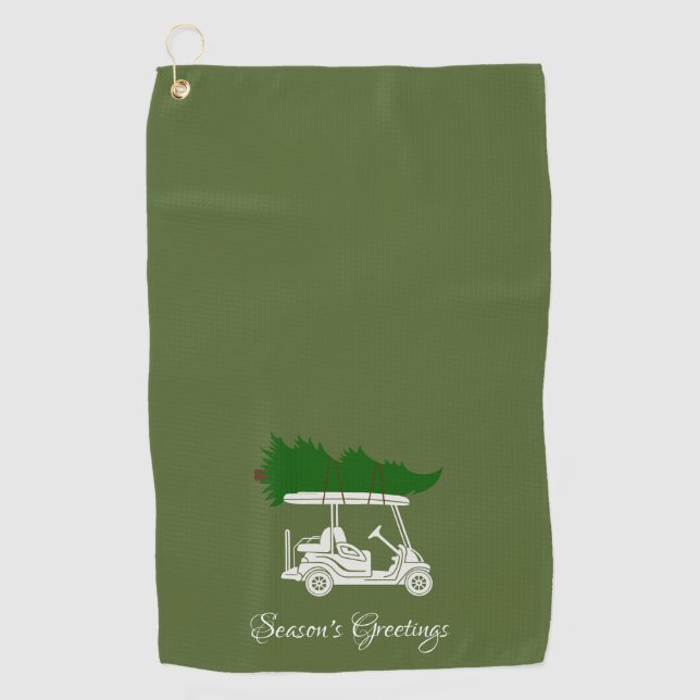 Golf Cart mit Weihnachtsbaum | Olive Green Golfhandtuch (Vorderseite)