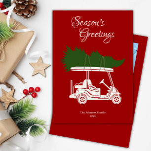 Golf Cart mit Weihnachtsbaum ・ Rotes Foto Feiertagskarte