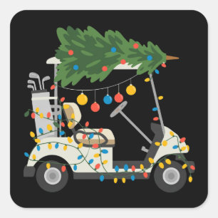 Golf Cart Weihnachtsbaum Lichter Xmas Sport Golfer Quadratischer Aufkleber