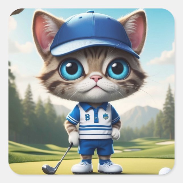Golf Cat Quadratischer Aufkleber (Vorderseite)